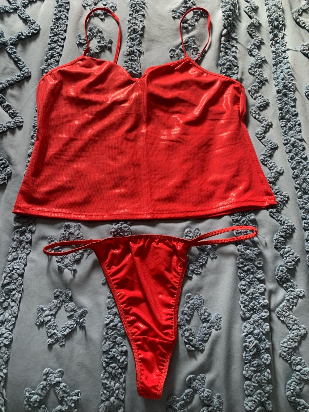 Two-Piece Metallic Red Satin-Lingerie Cami & Thong Set